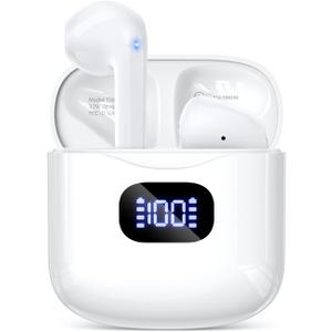 Wireless Earbuds Bluetooth 5.3 Headphones, 40Hrs Playback Stereo Ear Buds with LED Display Charging Case IPX7 Waterproof in-Ear Earphones with Mic for Phone Tablet Laptop Sports, White