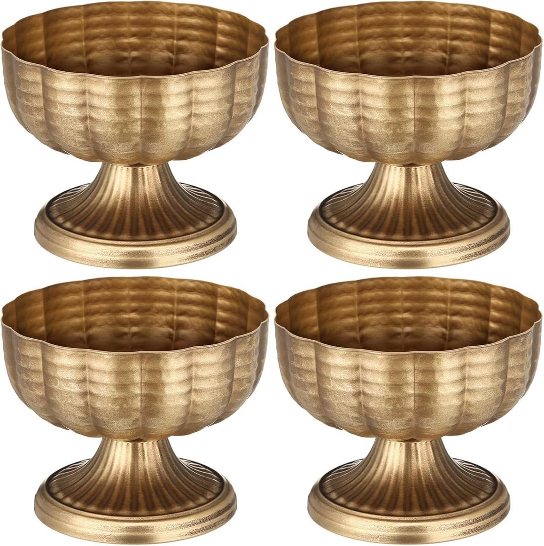 4 Pcs Distressed Vintage Gold Metal Compote Bowl Compote Vintage Gold Vase Centerpieces for Table Pedestal Vase for Wedding Birthday Party Anniversary Indoor Outdoor Activity, 8" Diameter