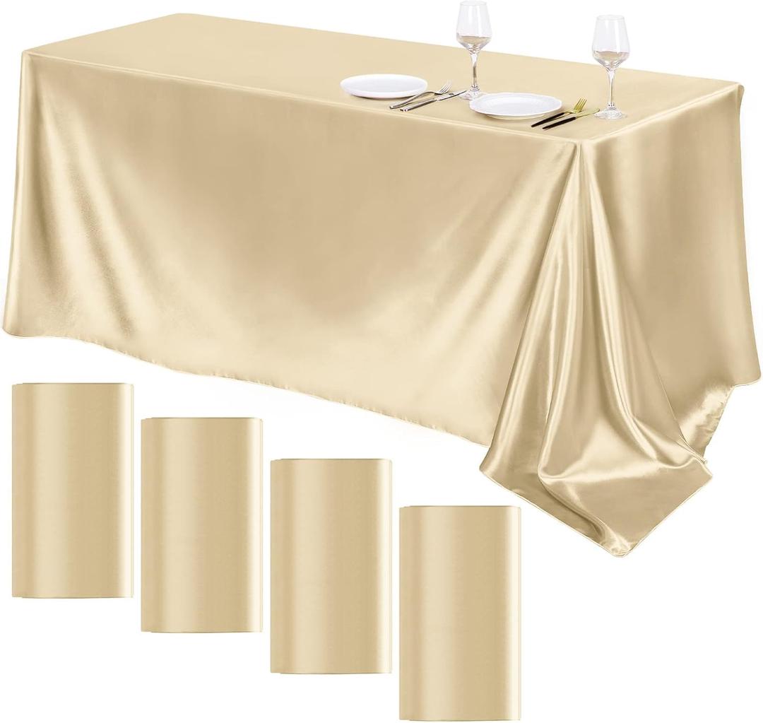 TURSTIN 4 Packs Champagne Tablecloth 102 x 58 Inch Overlay Satin Table Cover Rectangle Bright Silk Tablecloth Smooth Fabric Table Decoration for Wedding Banquet Party Events, Champagne