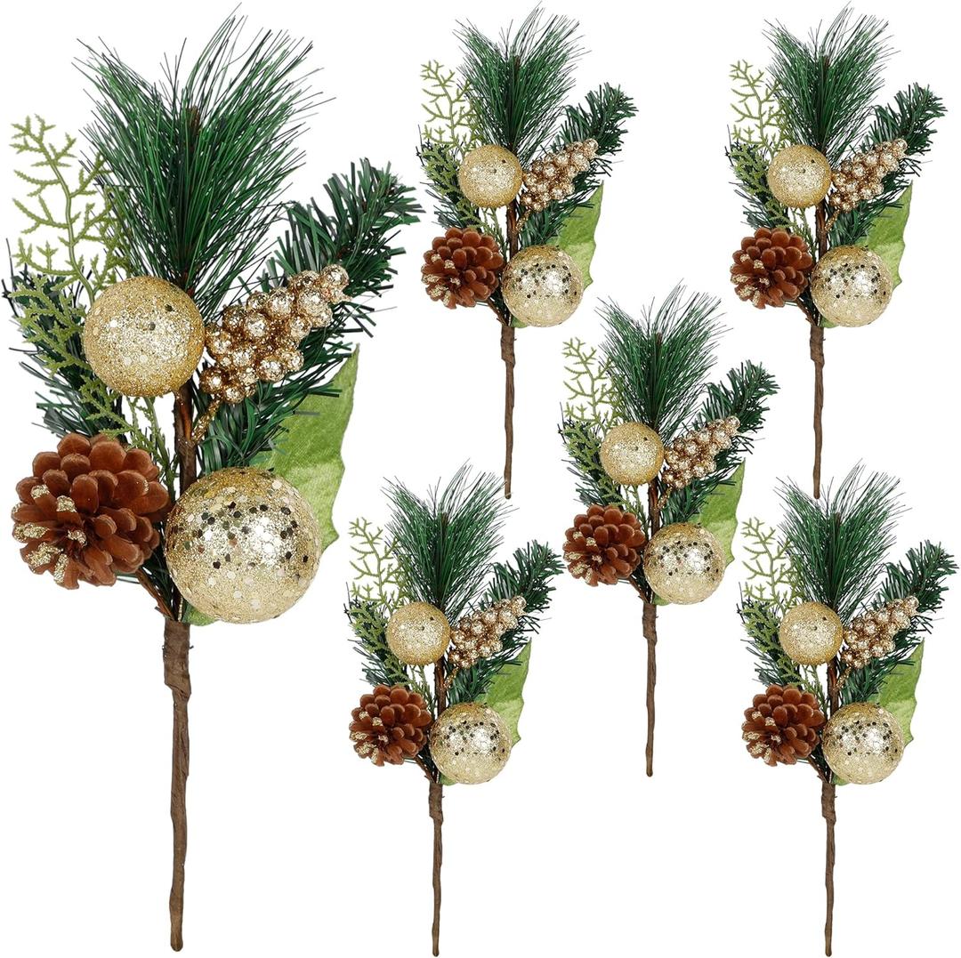 DR.DUDU Christmas Tree Ornaments 6 Pcs 12'' Gold Picks and Sprays with Brown Pine Cone Green Poinsettia Leaf, Artificial Berry Branches Stems Decorations DIY Crafts for Vase Filler Wreath Decor (Gold)