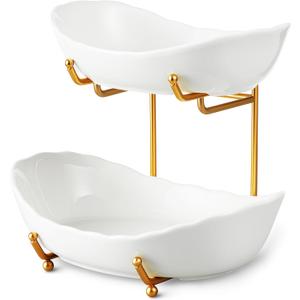 2 Tier Ceramic Fruit Bowl for Kitchen Counter, Tiered Fruit Basket for Countertop, Modern Multi Layer Fruit Display Stand for Party, Cute (Gold&White, Small) 1
