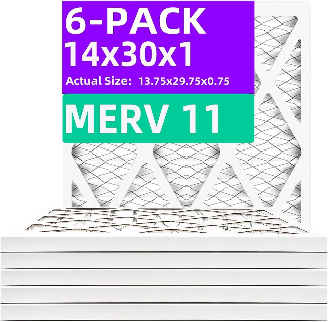 14x30x1 MERV 11 (6-Pack) MERV 11 Pleated Air Filter (Actual Size: 13.75"x29.75"x0.75") MPR 1200 & FPR 7, Furnace Air Filters