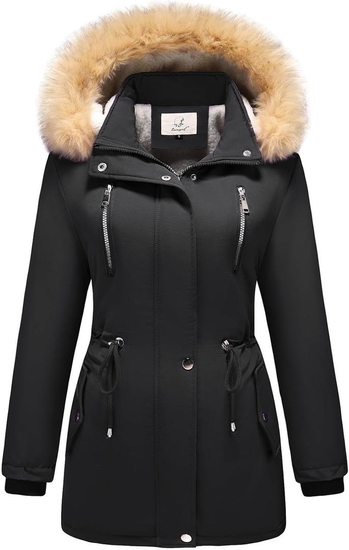 Women's Sherpa Fleece Down Jacket Thicken Winter Coat Warm Parka with Hood (Black, XXL)