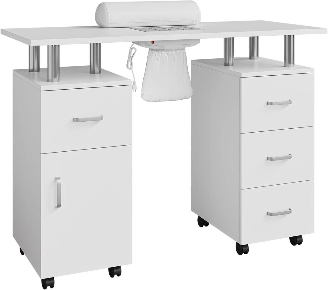 CuisinSmart Manicure Table with Dust Collector, 42" Nail Desk for Nail Tech with Lockable Wheels, 4 Storage Drawers, Arm Rest, Acetone Resistant Top and Storage Cabinet White