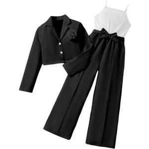 OYOANGLE Girl's 2 Piece Outfit Sleeveless Belted Pants Romper and 3D Floral Crop Suit Jacket (Black White)