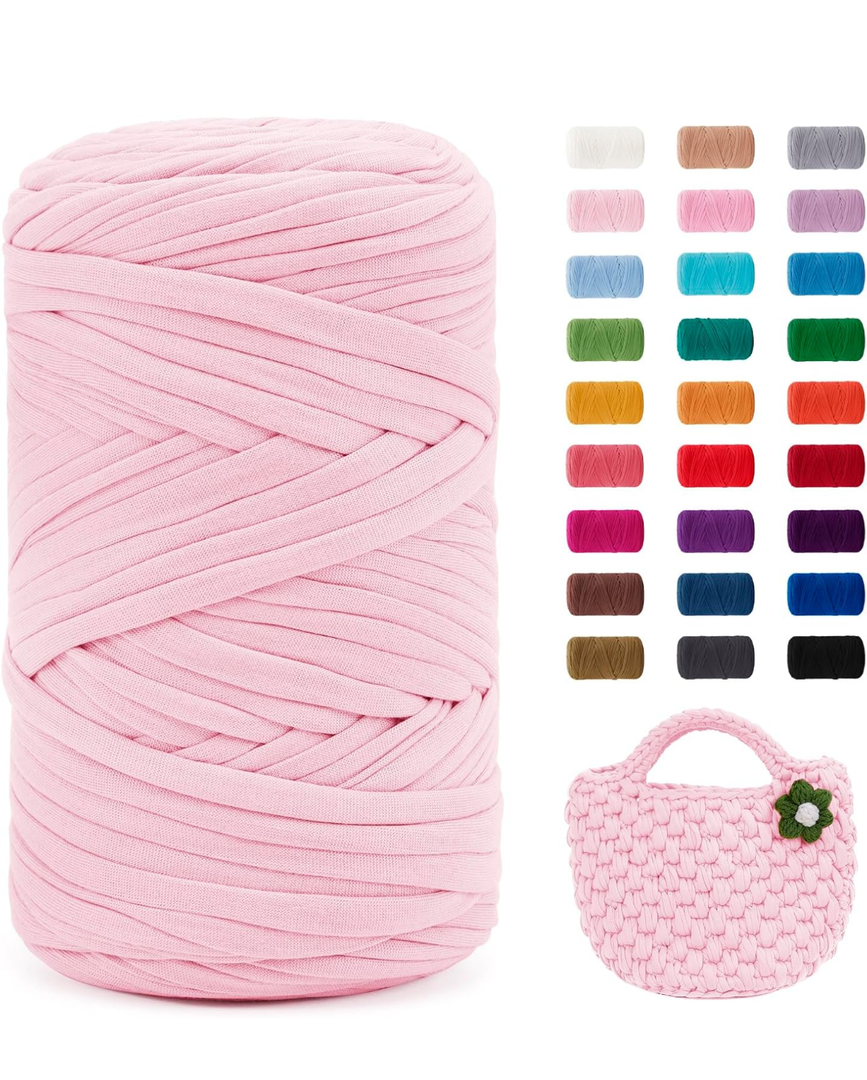 JeogYong T-Shirt Yarn, 400g/131 Yards Elastic Fabric Crochet Cloth T Shirt Yarn, Thick Hand Knitting Polyester Fabric Ribbon for Crocheting Bags/Baskets/Rugs, Home Decor, DIY Crafts (Light Pink)
