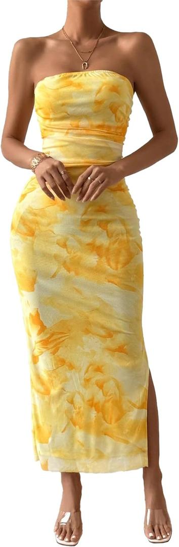 Women's Summer Strapless Dresses 2025 Maxi Bodycon Tube Top Dress Floral Beach Vacation Clothes for Women, Size S (Yellow)
