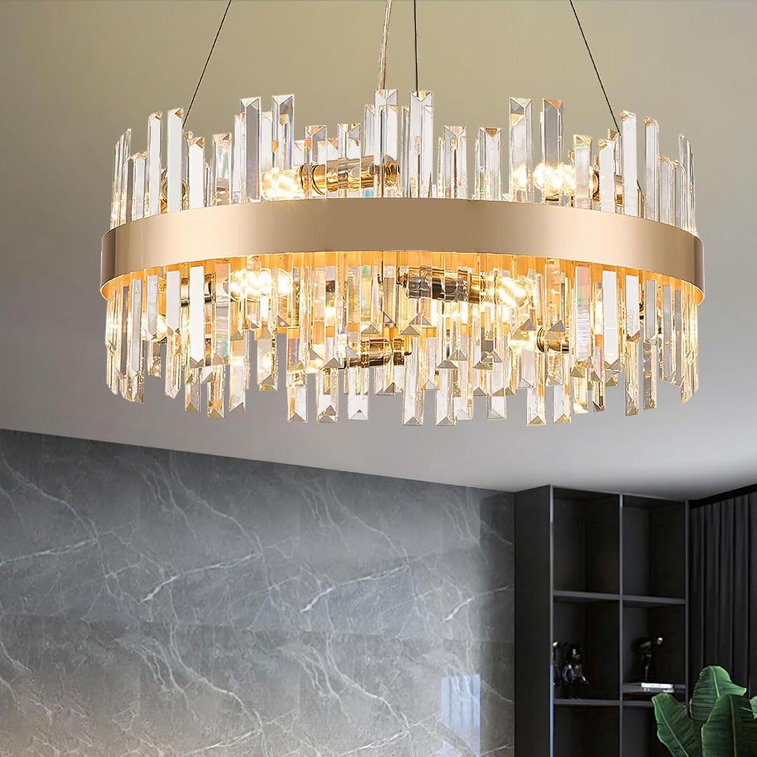 24'' Modern Rose Gold Crystal Chandeliers for Dining Room,Luxury Chandelier Light Fixture,3 Colors 12-Lights Contemporary Dimmable Pendant Ceiling Light for Living Room Kitchen Island Foyer