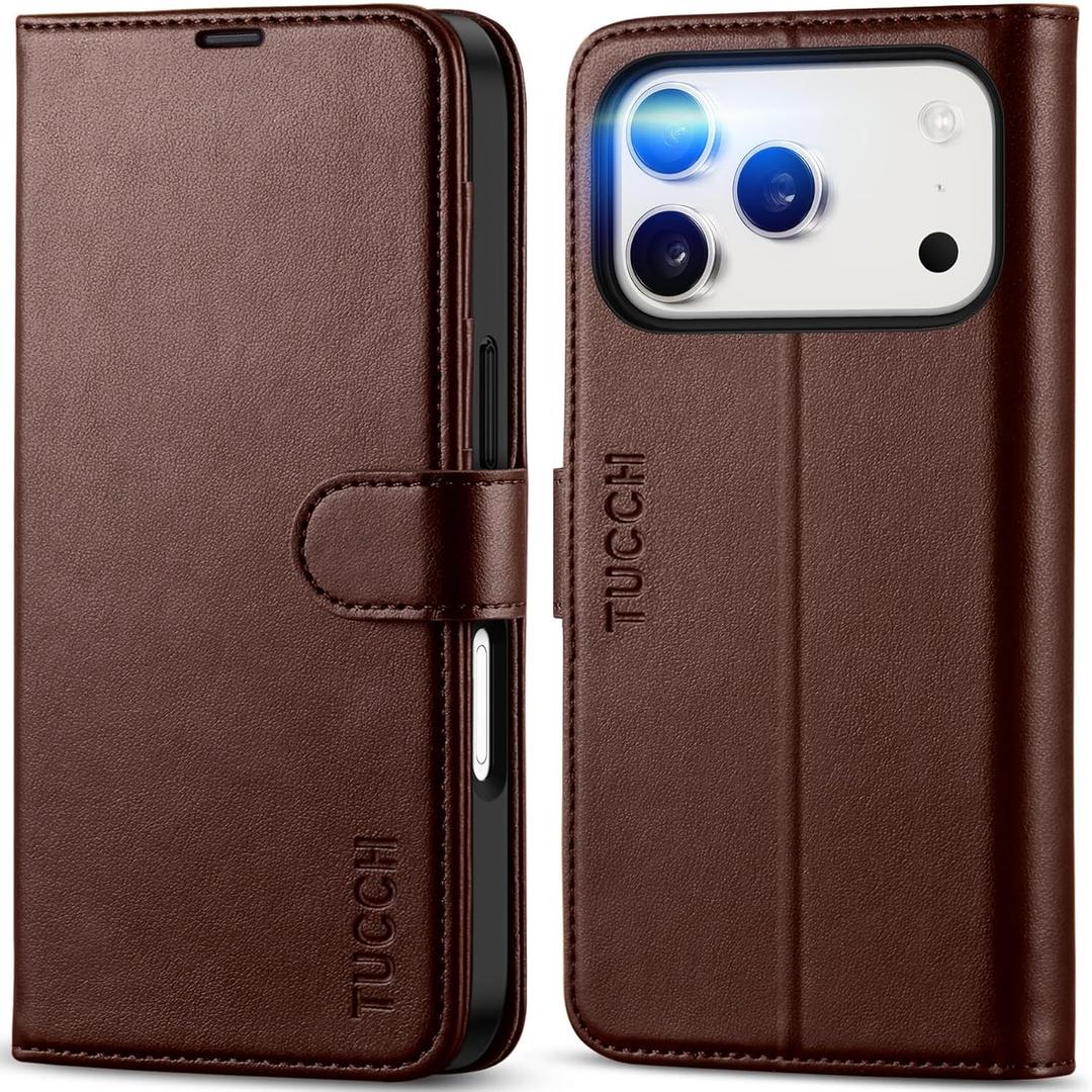 TUCCH Wallet Case for iPhone 17 Pro (6.3-Inch) 2025, 4 Card Holders, RFID Blocking, Stand, Shockproof TPU Shell, PU Leather, Magnetic Closure, Protective Flip Folio Cover, Chocolate Brown