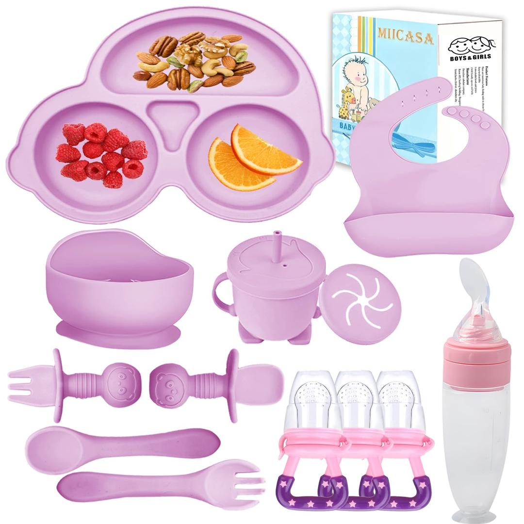 Silicone Baby Feeding Set, Miicasa Baby Led Weaning Supplies Kit With Suction Bowl & Car Plate, Bib, Spoon, Fork, Cup - Food-Grade Silicone, Dishwasher-Safe, No BPAs - For 3+ Months (Purple)