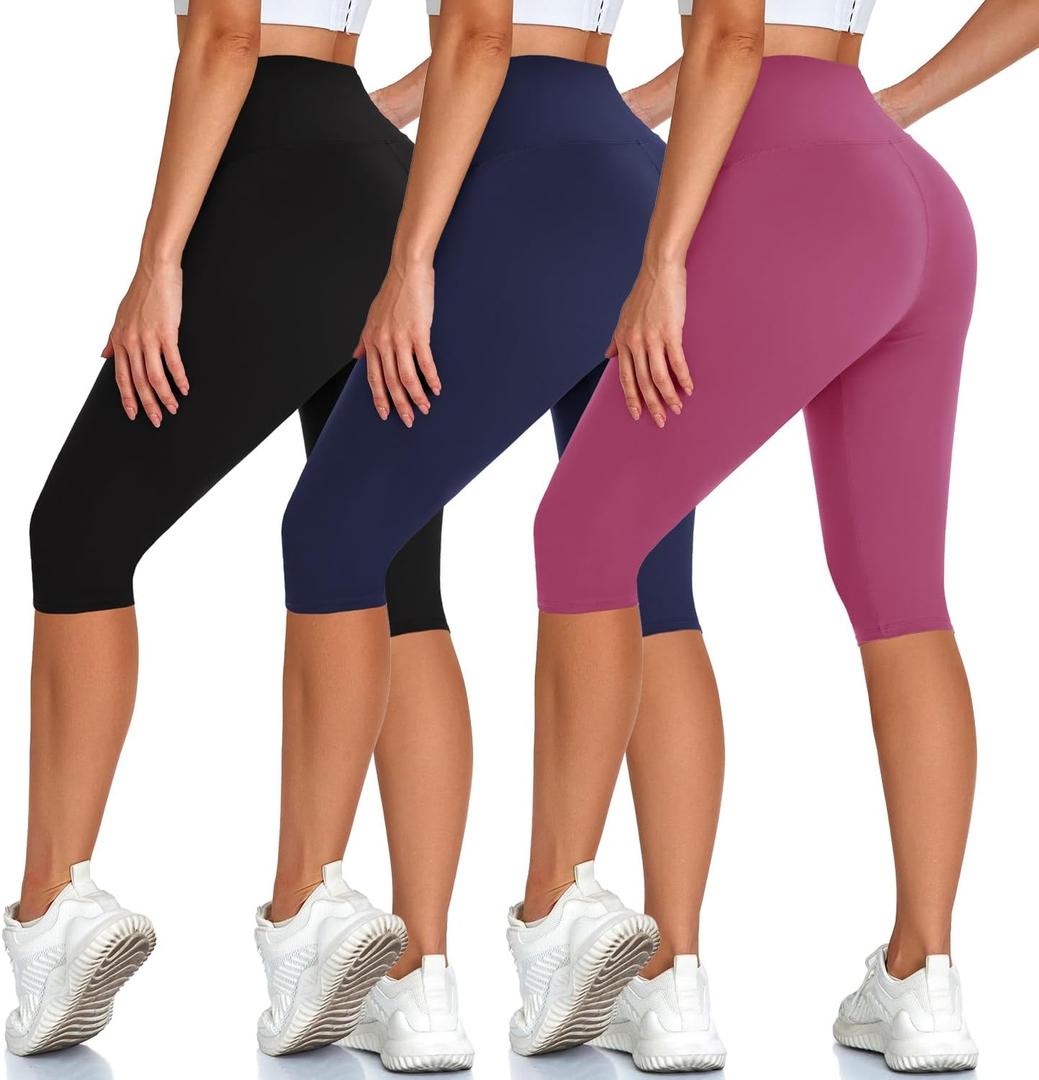 High Waisted 3 Pack Women's Capri Pants - Knee Length Yoga Shorts, Biker Workout Leggings for Women,Summer Activewear, S/M
