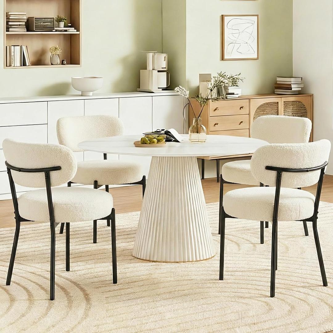 DUMOS Dining Chairs Set of 2, Mid Century Modern Chair Round Upholstered Curved Backrest, Kitchen Vanity Living Room Chairs with Black Metal LegsLight Beige