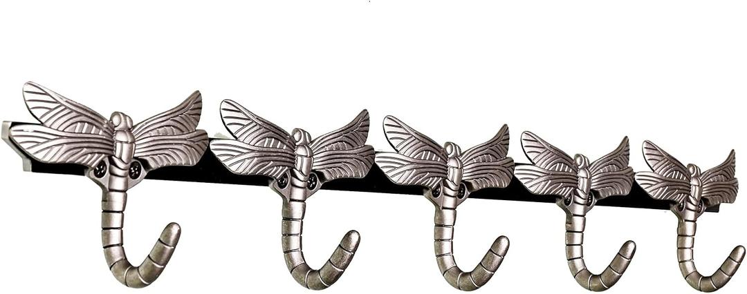 Heavy Duty Metal Wall Mounted Coat Rack - 5 Hooks Space Saving Wall Organizer, Aluminum Alloy Hook for Jackets/Hats/Backpacks, Modern Style Dragonfly Design Easy Mount (1 Item-5 Hooks) (Black Nickel)