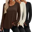 3 Pack Women's Long Sleeve Tunic Tops with Thumb Holes Cotton Scoop Neck T-Shirts Casual Loose Basic Tee Blouses (XX-Large, Black, Cream, Brown)