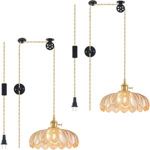 2 Pack Plug in Pendant Light Fixtures, Hanging Light Fixture Glass Pendant Light, Vintage Amber Hanging Lamp, Pendant Lighting for Kitchen Island, Bedroom, Dining Room, Living Room