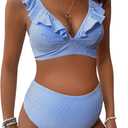 MakeMeChic Women's Maternity Swimsuit Two Piece Bikini Sets Ruffle V Neck High Waist Pregnancy Swimwear Blue and White Large