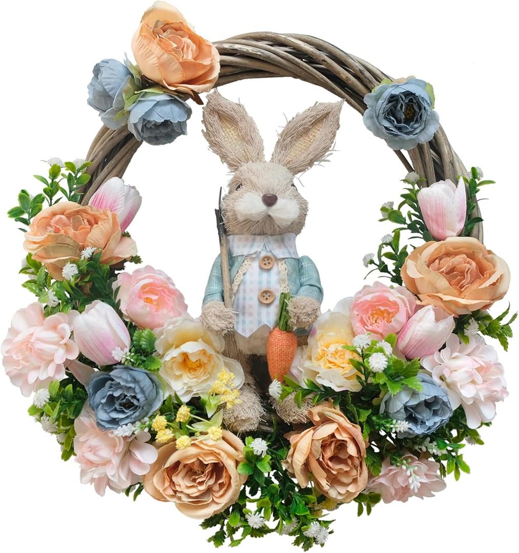 16 Inch Spring Easter Wreath with Artificial Easter Bunny. Rabbit Wreath for Front Door Farmhouse Bunny Decorations with Silk Tulips Roses Grapevine for Home Door Garden Party Decorations
