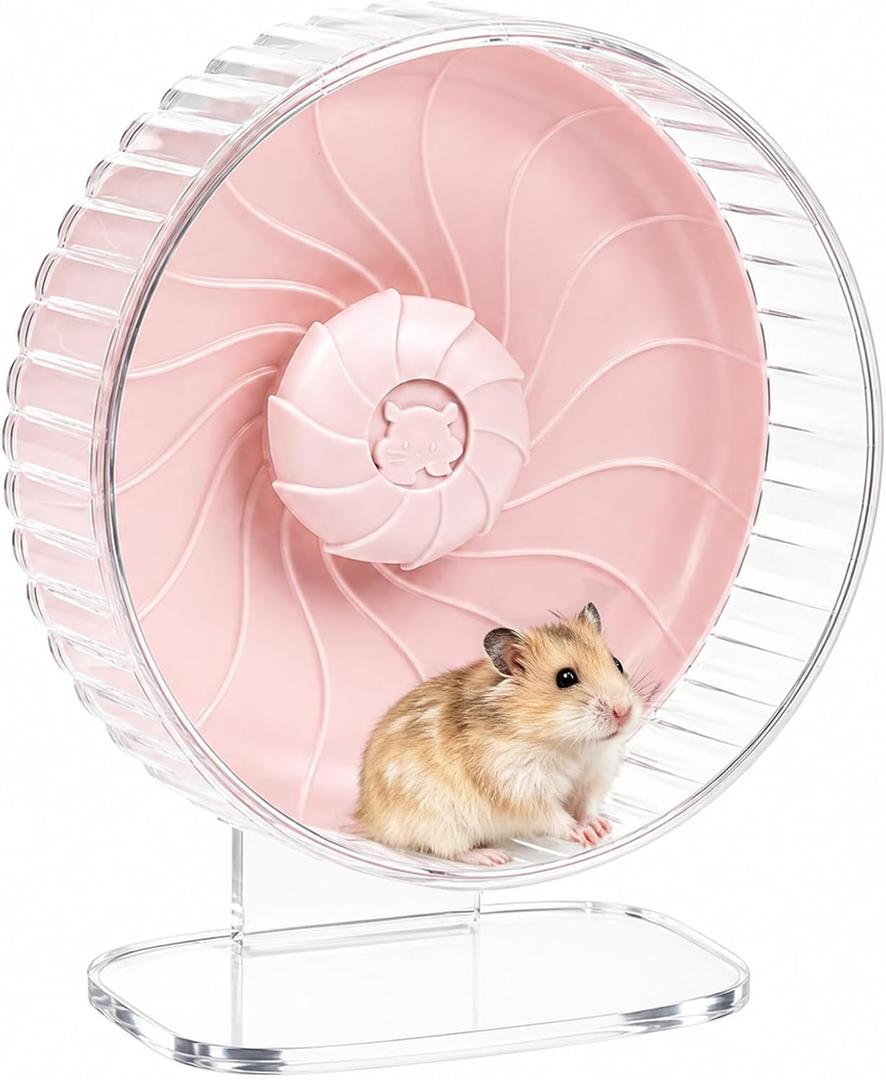 Silent Hamster Wheel, 10in Hamster Wheel with Adjustable Stand, Double-Bearing Quiet Spinner for Syrian Hamsters, Hedgehogs, Mice & Small Pets, Pink
