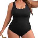 Charmo Plus Size Swimsuit for Women 2026 Tummy Control Scalloped Ribbed One Piece Swimsuits Ruched Modest Bathing Suit (3XL, Black)