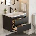 24 Inches Modern MDF Bathroom Vanity with Sink, Wall Mounted Floating Cabinets w/Double Drawers, Black Handles, White Resin Sink Combo Set (Black, 24")