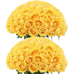 LFF 50Pcs Realistic Yellow Artificial Roses - Premium Velvet Faux Flowers for Wedding Bouquet, Centerpieces, Home & Party Decoration(Yellow)