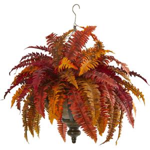 Nearly Natural 28in. Autumn Boston Fern Artificial Plant in Hanging Metal Bowl