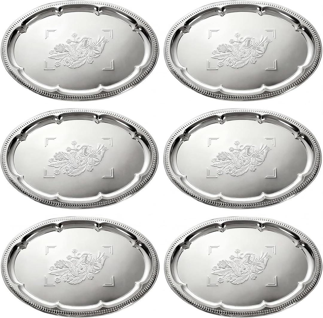 6 Pack Large Silver Serving Trays Set 15.7" x 11.8" Stainless Steel Floral Oval Tray Retro Vintage Platters for Birthday Wedding Party Tableware for Snack Whiskey Cookie Dessert Food Display