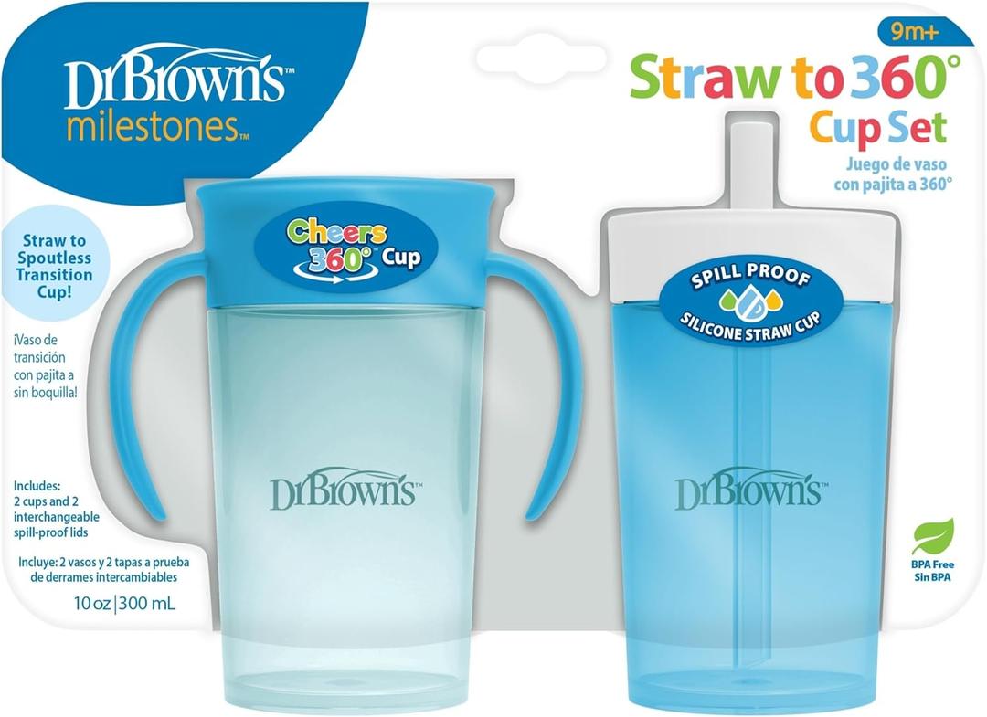 Dr. Brown's Milestones Straw to 360 Convertible Toddler Training Cup Set with Interchangeable Silicone Straw and 360 Degree Cup Lids, Blue Ocean, 10 oz/300 mL, BPA-Free, 9m+, 2-Pack