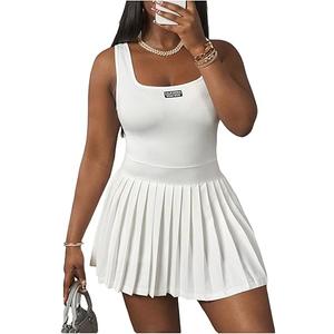 Women's Plus Size Pleated A Line Mini Dresses Letter Square Neck Sleeveless Tennis Tank Dress M