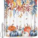 Fall Thanksgiving Shower Curtain Watercolor Autumn Pumpkins Eucalyptus Leaves Waterproof Shower Curtain with Hooks Blue Orange Shower Curtains for Bathroom, Hotel, Stalls, Bathtubs, 72x72 Inch