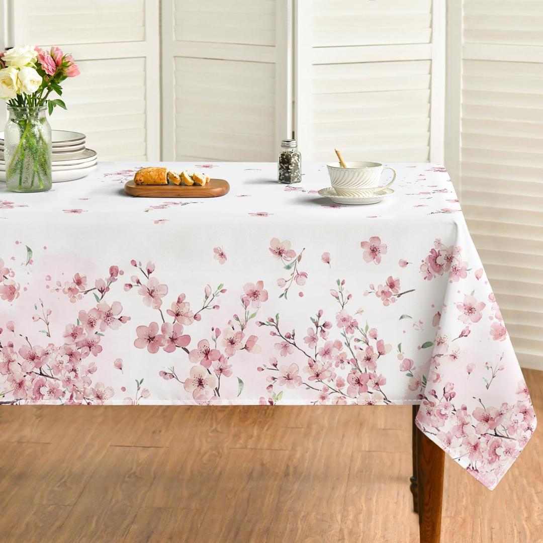 Horaldaily Spring Tablecloth 6084 Inch Rectangular, Pink Cherry Blossoms Washable Seasonal Table Cover for Party Picnic Dinner Decor