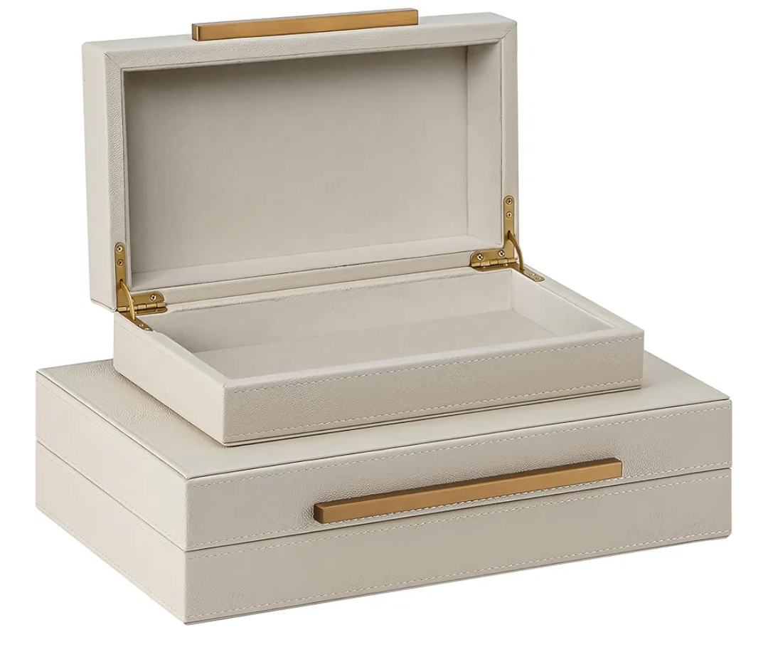 Set of 2 Shagreen Decorative Box, Modern Faux Leather Beige Decorative Storage Boxes with Lids and Metal Handles, Jewelry & Memory Box for Home, Office Decor (Beige+Gold Handles)
