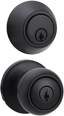 Amazon Basics Exterior Door Knob with Key Lock and Deadbolt, Keyed Alike, Coastal, Matte Black