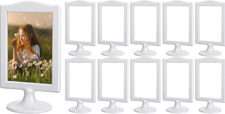 Amyhill 10 Pcs Double Sided Standing Picture Frames 4 x 6 Pedestal Photo Frame Plastic Each Holds 2 Pictures Tabletop Vertical Display for Wedding Table Bridal (White)