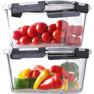 HOMBERKING 4 Pieces 63oz/8cup Large Glass Food Storage Containers with Lids, Meal Prep Containers, Airtight Bento Boxes with Leak Proof Locking (2 Containers + 2 Lids) - Microwave, Oven Safe (Black)