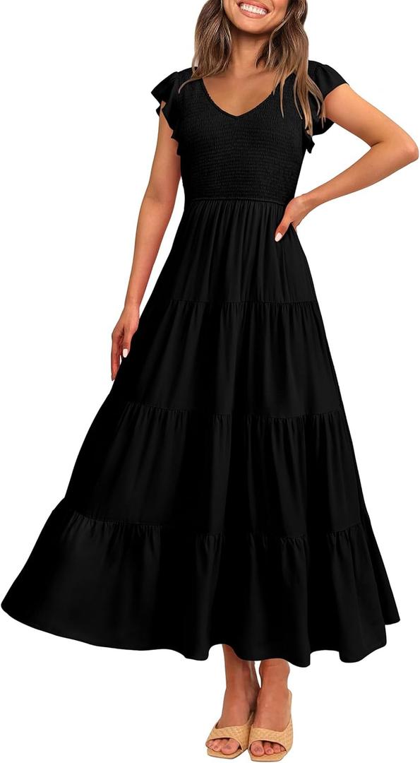 PRETTYGARDEN Women's Summer Flowy Maxi Dress Casual Cap Sleeve V Neck Smocked Beach Sundress (Solid Black, Small)