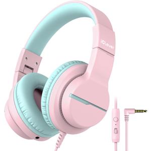 iClever HS19 Kids Headphones with Microphone for School, Safe Volume Limited, Over-Ear Girls Boys Headphones for Kids with Shareport, Foldable Wired for iPad/Travel (Pink)