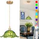 Battery Operated Pendant Light,Green Chandelier 2500mAh RGB Light Bulb 11in Vintage Light Fixtures with Remote Control Wireless Adjustable Rechargeable Chandelier for Kitchen Island Hallway 1Light