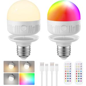 Rechargeable Light Bulb with Remote - E26 2Pack 6W 450LM Dimmable Detachable LED Bulb 15 Colors Selectable & 3 Timer, 2500mAh Battery Operated Magnetic Bulbs, Bulbs for Non-Hardwired Fixture