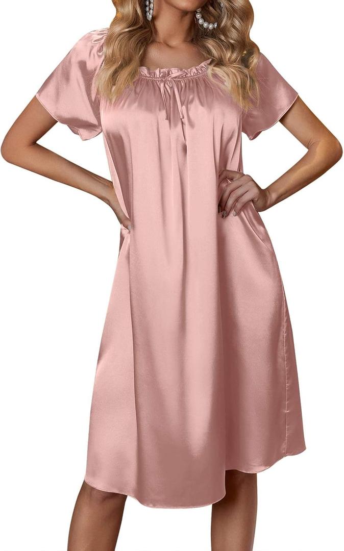 Ekouaer Women's Satin Silk Pleated Nightgown Loose Sleepwear Printed Nightshirt Short Sleeve Sleep Dress (Large, Pink)