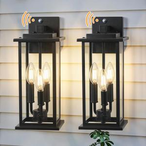 Dusk to Dawn Outdoor Wall Lantern Candelabra 3-Light, 15" Exterior Wall Light Fixture with E12 Base Outside Lights for House Porch Garage, Black 2 Pack