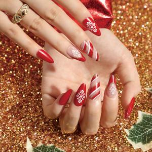 4 x Christmas Press on Nails Almond Medium Red French Tip Fake Nails with Glitter Xmas Snowflake Stripe Designs Glossy Acrylic Nails Press ons Red Full Cover Stick Glue on Nails for Women 24 Pcs