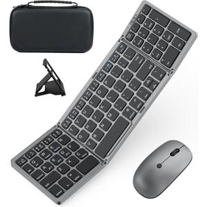 Foldable Keyboard and Mouse for Laptop, Travel Bluetooth Folding Keyboard Mouse with Portable Case, Rechargeable Keyboard for Business, 2.4G Wireless & Bluetooth, for iPad Tablets Laptop iOS Android (Space Grey)
