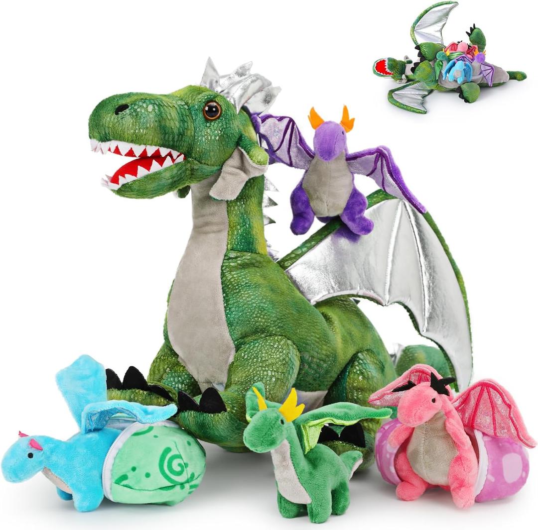 Karister 7Pcs Giant Green Dragon Plush Toy Set, 21.7" Big Mother Dragon Stuffed Animal with 4 Babies & 2 Eggs, Stuffed Dinosaurs for Kids Boys Girls, Cute Soft Plushies Gift for Birthday Christmas