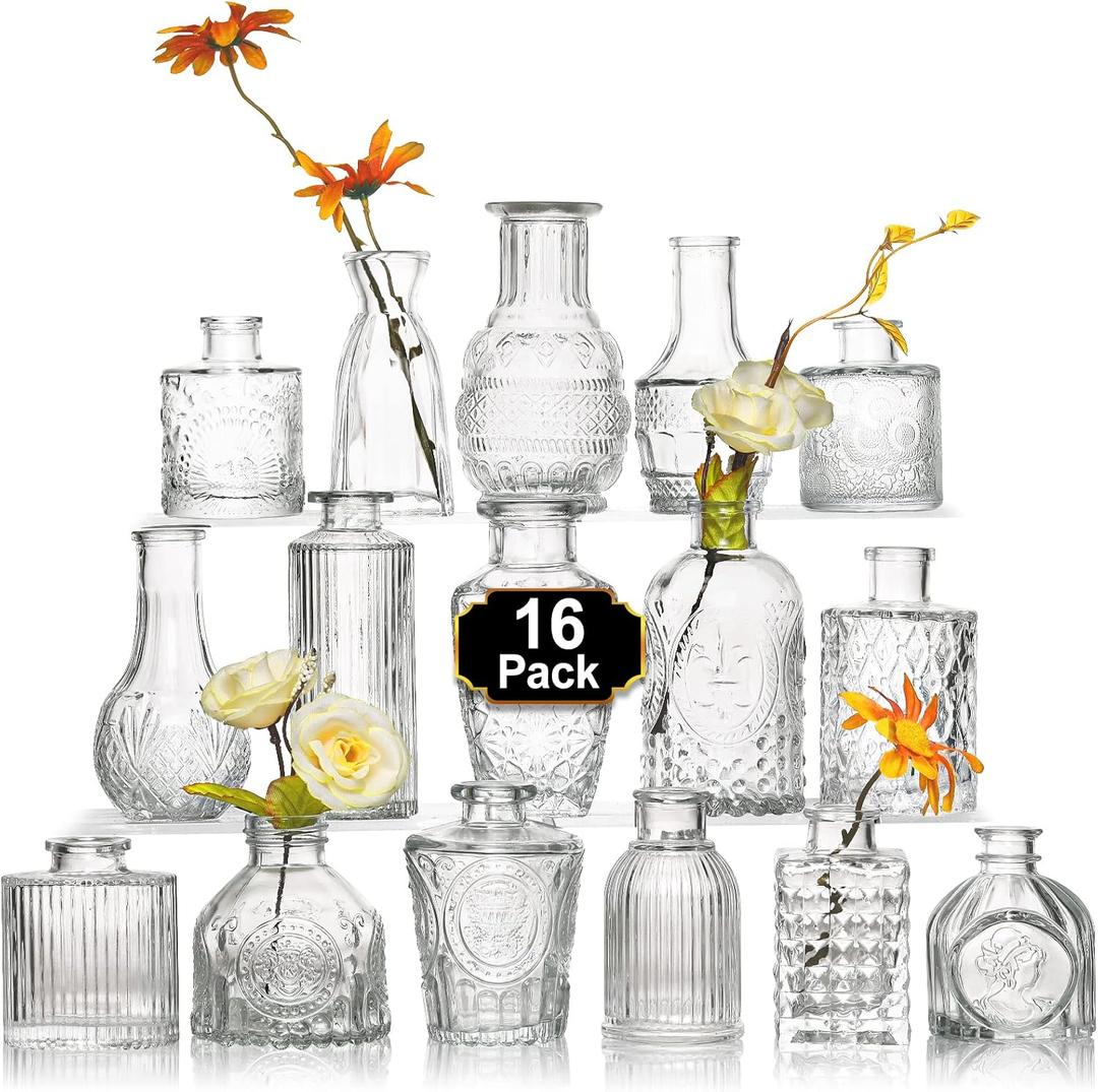 Arme 16Pcs Glass Bud Vase SetSmall Flower Vase for CenterpiecesClear Bud Vases in Bulk Mini Vintage Vase for Rustic Wedding Decorations