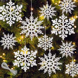 36Pcs White Glitter Snowflake Decorations Christmas Ornaments, Hanging Plastic Snow Flakes Ornaments with Silver Rope for Christmas Tree Decorations, Winter Wonderland Party Supplies