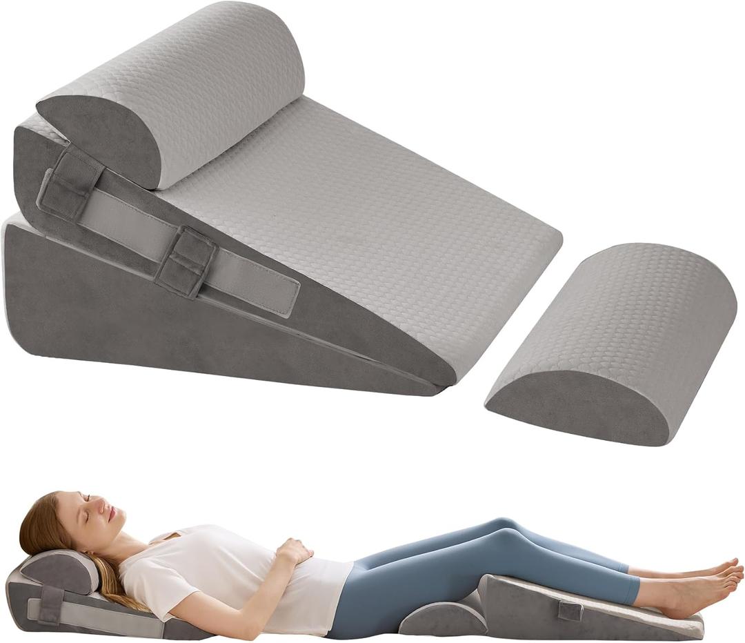 4Pcs Wedge Pillow Set for After Surgery,Acid Reflux Relief, Adjustable Bed Wedge Pillows for Sleeping,Anti Snore, Memory Foam Triangle Pillow for Back&Neck&Shoulder Pain Relief, Grey (12 IN+2 Head pillow)