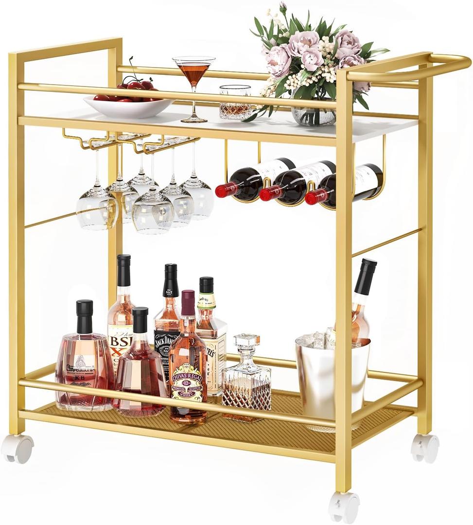Bar Cart,Home Bar Serving Cart with Storage Shelves, 2 Tier Rolling Beverage Cart with Wheels, Modern Wine Cart with Wine Rack and Glass Holder for Kitchen, Living Room,Dinning Room,Gold
