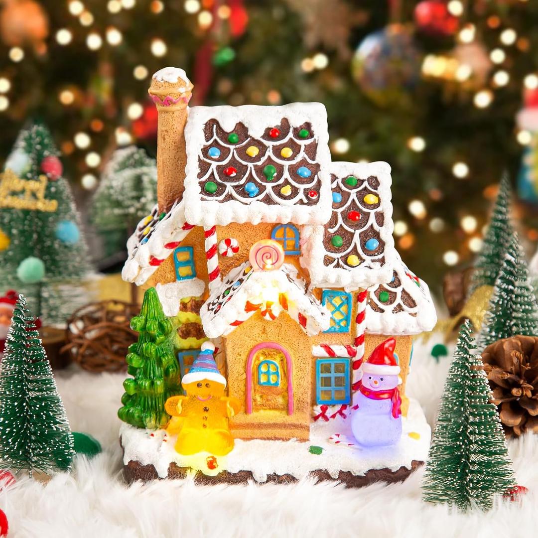 LED Lighted Musical Gingerbread House, 7.3" Christmas Village House Decoration with Light-up Gingerbread Cookie and Snowman, Christmas Collectible Buildings for Holiday Decor for Home and Desktop