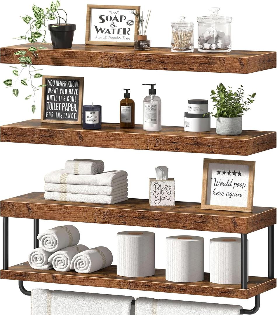 QEEIG Long Bathroom Floating Shelves Over Toilet (Brown, Set of 3, 31.5")
